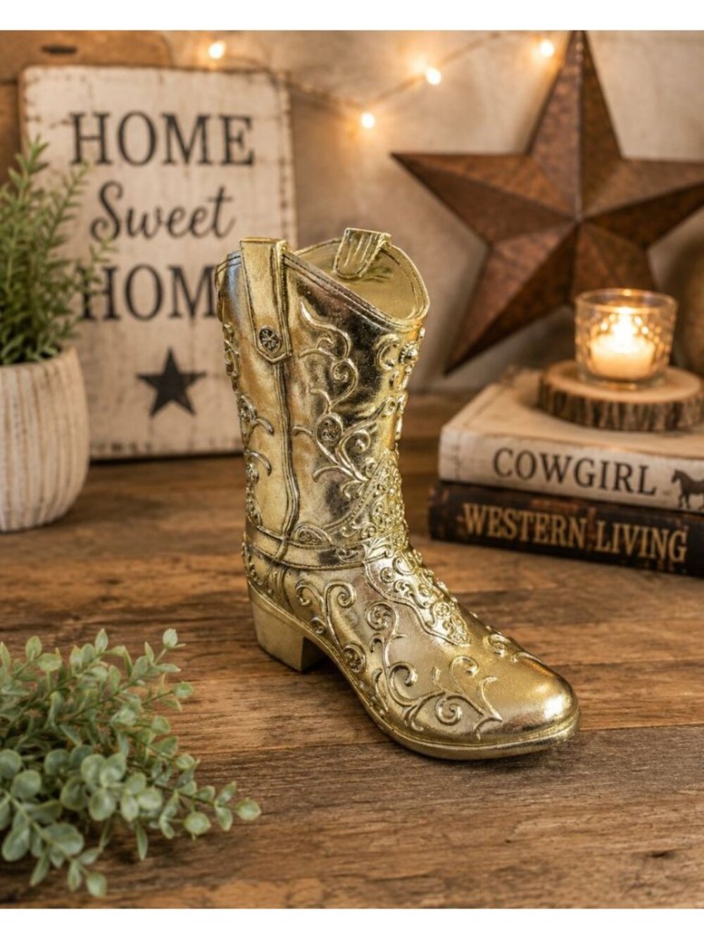 New Large Metallic Gold Western Cowboy Cowgirl Rustic Country Figurine Statue